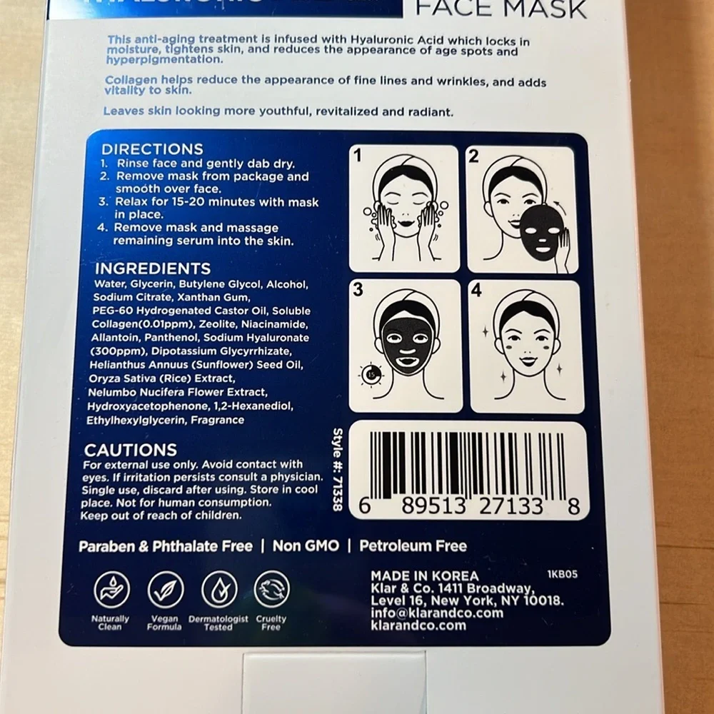 NWT Hyaluronic & Collagen Anti-Aging Face Mask - White and Blue